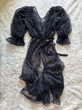 Vintage Sheer Black Lace Puff Sleeve Robe with Satin Tie